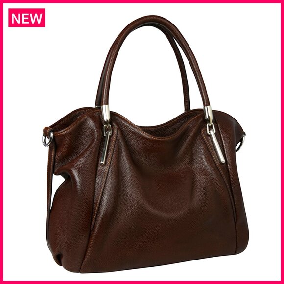 Handbags - Genuine Leather Tote Bag with Detachable Strap, Multi-Pocket Design